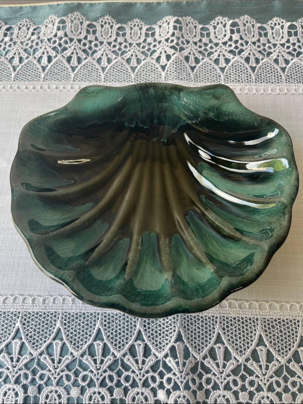 Mid Century Blue Mountain Pottery Shell Bowl 1970s  Art Pottery Drip Glaze